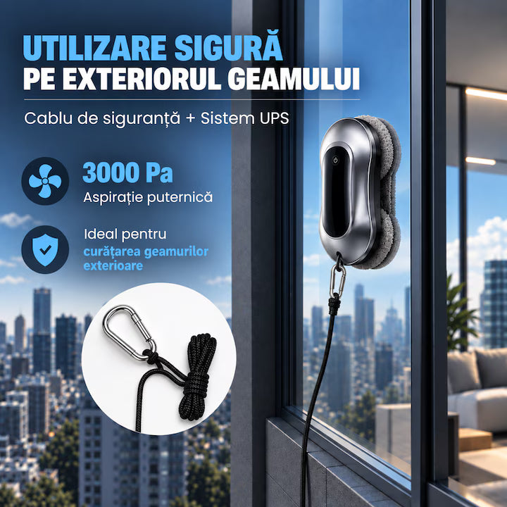 Robot de Spălat Geamuri Profesional, Pulverizare Bidirecțională Automată, Navigare AI, Detectare Margini, Telecomandă, Sistem Anti-Cădere