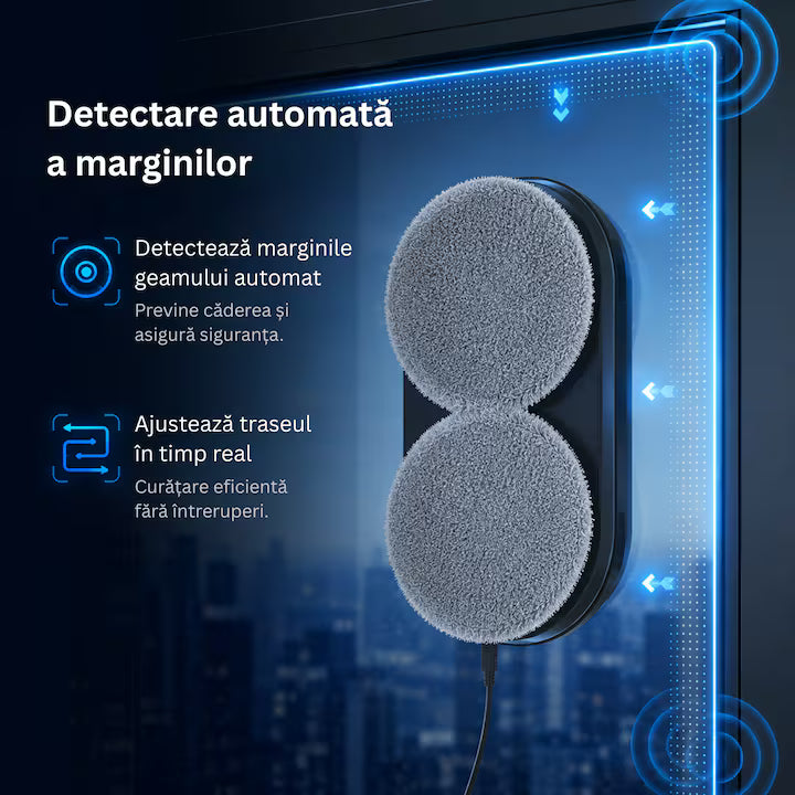 Robot de Spălat Geamuri Profesional, Pulverizare Bidirecțională Automată, Navigare AI, Detectare Margini, Telecomandă, Sistem Anti-Cădere